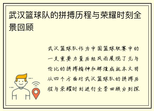 武汉篮球队的拼搏历程与荣耀时刻全景回顾